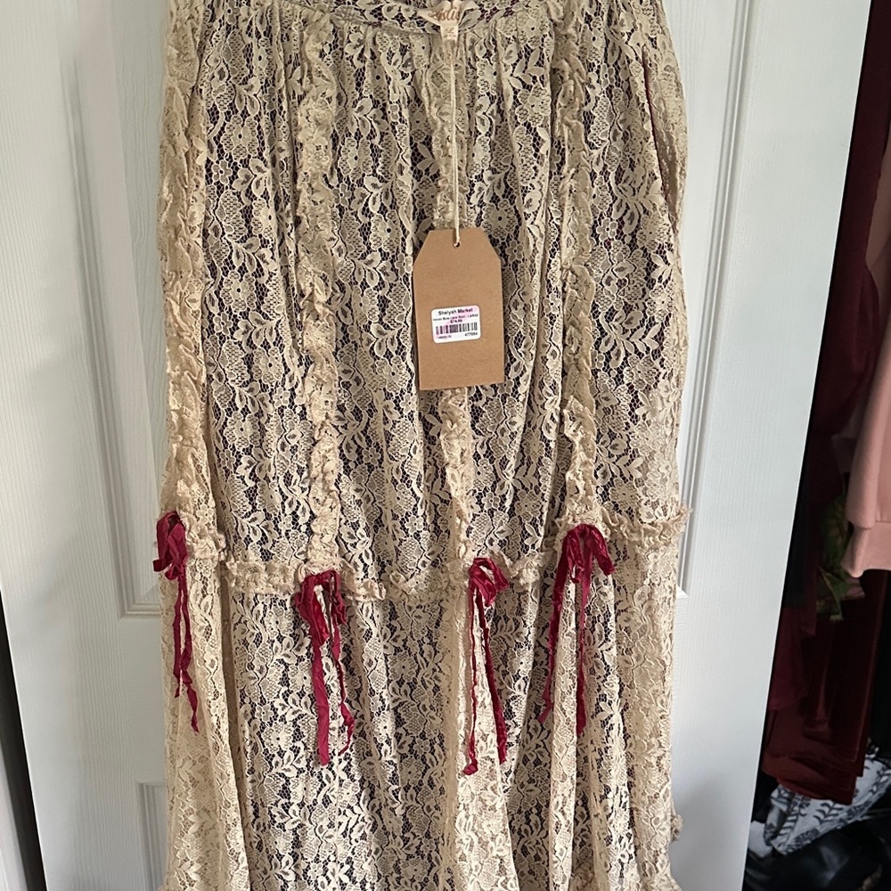 Listicle Cream Lace Maxi Skirt with Red Ties - Picture 8 of 8